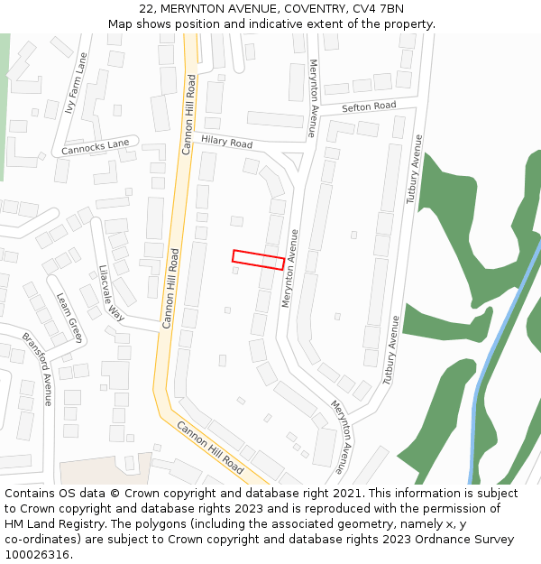 22, MERYNTON AVENUE, COVENTRY, CV4 7BN: Location map and indicative extent of plot
