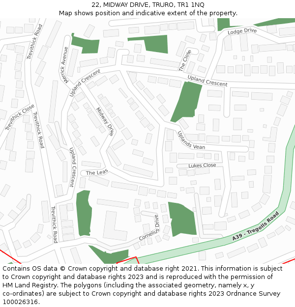 22, MIDWAY DRIVE, TRURO, TR1 1NQ: Location map and indicative extent of plot