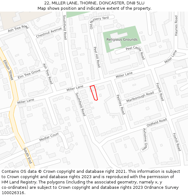 22, MILLER LANE, THORNE, DONCASTER, DN8 5LU: Location map and indicative extent of plot