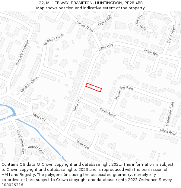 22, MILLER WAY, BRAMPTON, HUNTINGDON, PE28 4RR: Location map and indicative extent of plot