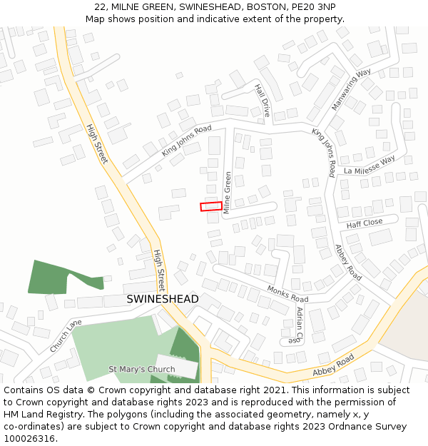 22, MILNE GREEN, SWINESHEAD, BOSTON, PE20 3NP: Location map and indicative extent of plot
