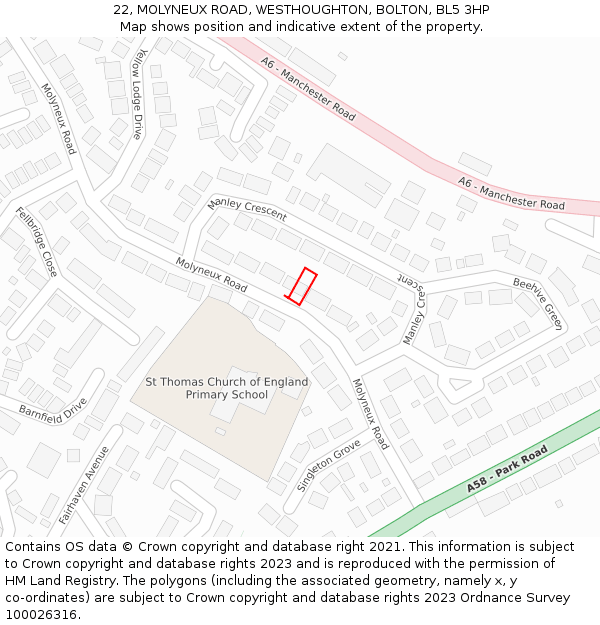 22, MOLYNEUX ROAD, WESTHOUGHTON, BOLTON, BL5 3HP: Location map and indicative extent of plot