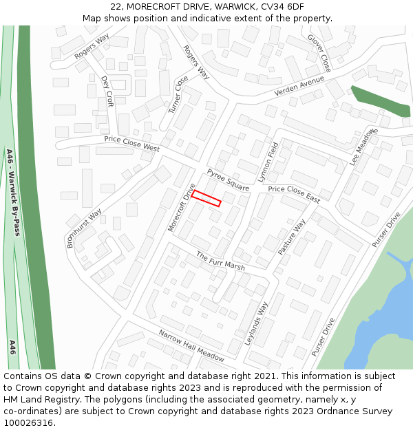 22, MORECROFT DRIVE, WARWICK, CV34 6DF: Location map and indicative extent of plot