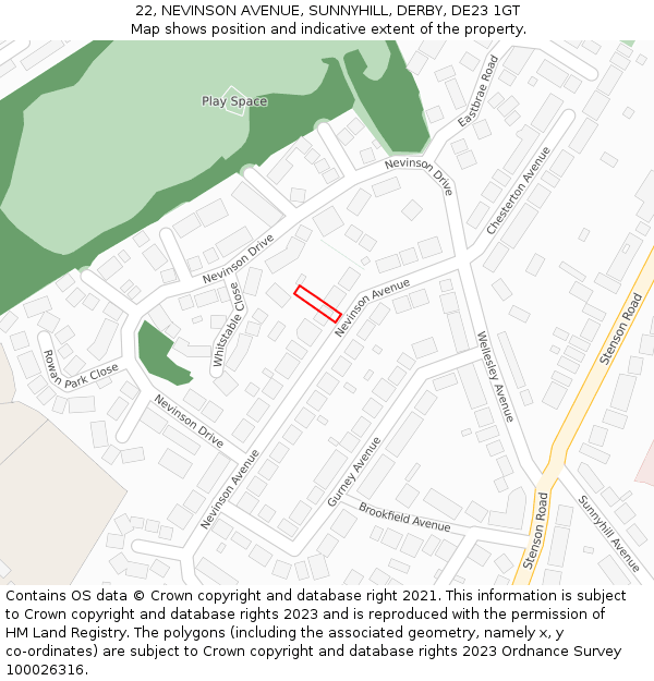 22, NEVINSON AVENUE, SUNNYHILL, DERBY, DE23 1GT: Location map and indicative extent of plot
