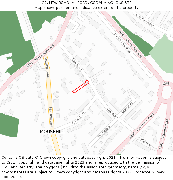 22, NEW ROAD, MILFORD, GODALMING, GU8 5BE: Location map and indicative extent of plot