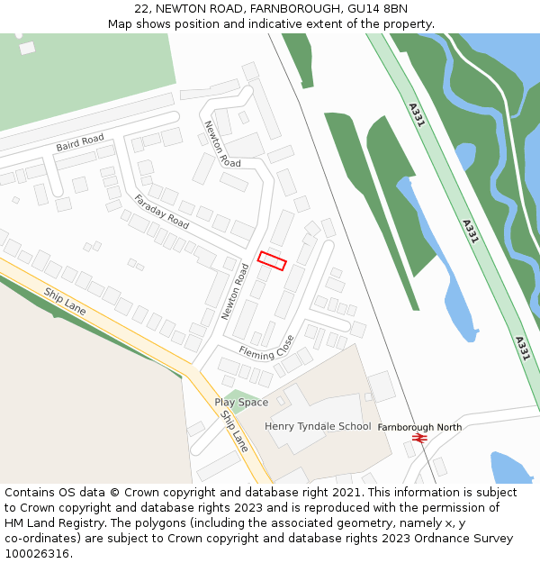 22, NEWTON ROAD, FARNBOROUGH, GU14 8BN: Location map and indicative extent of plot