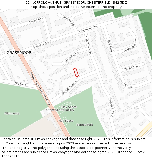 22, NORFOLK AVENUE, GRASSMOOR, CHESTERFIELD, S42 5DZ: Location map and indicative extent of plot