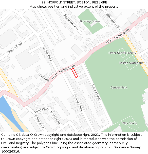 22, NORFOLK STREET, BOSTON, PE21 6PE: Location map and indicative extent of plot