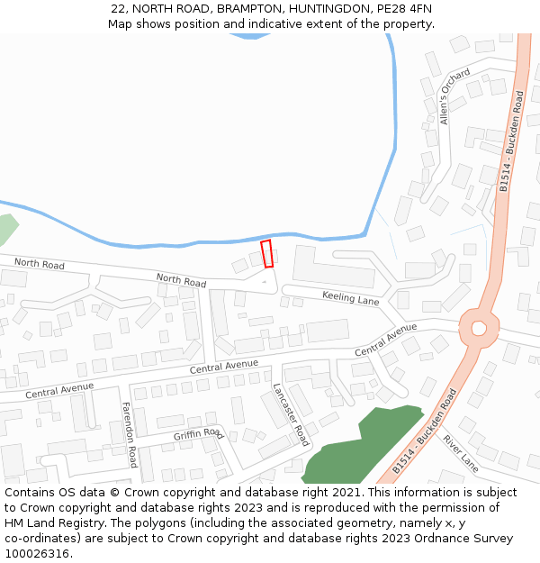 22, NORTH ROAD, BRAMPTON, HUNTINGDON, PE28 4FN: Location map and indicative extent of plot
