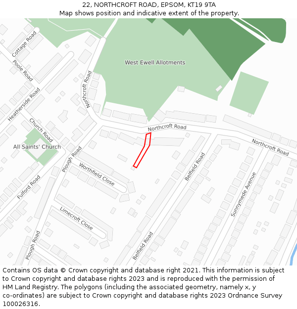 22, NORTHCROFT ROAD, EPSOM, KT19 9TA: Location map and indicative extent of plot