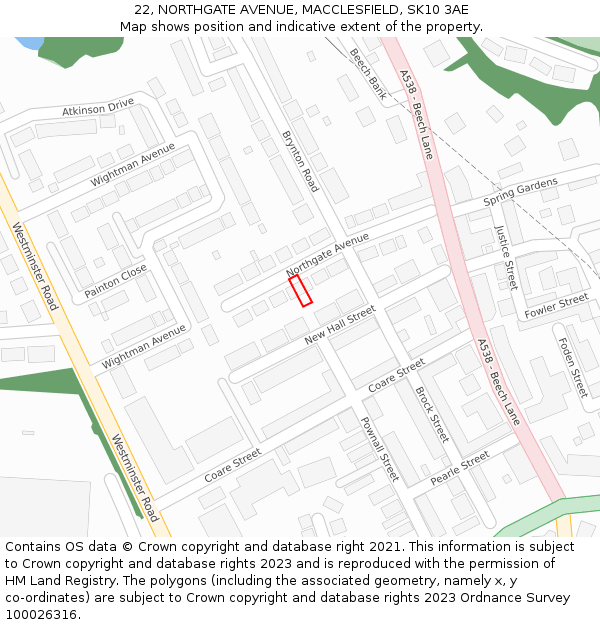 22, NORTHGATE AVENUE, MACCLESFIELD, SK10 3AE: Location map and indicative extent of plot