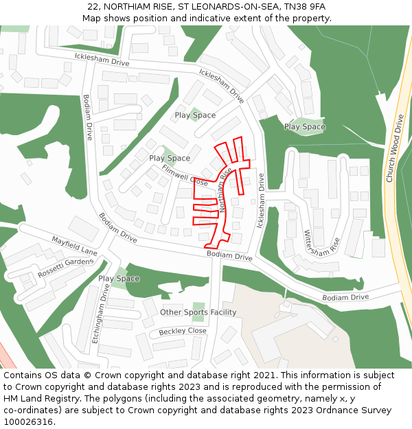 22, NORTHIAM RISE, ST LEONARDS-ON-SEA, TN38 9FA: Location map and indicative extent of plot