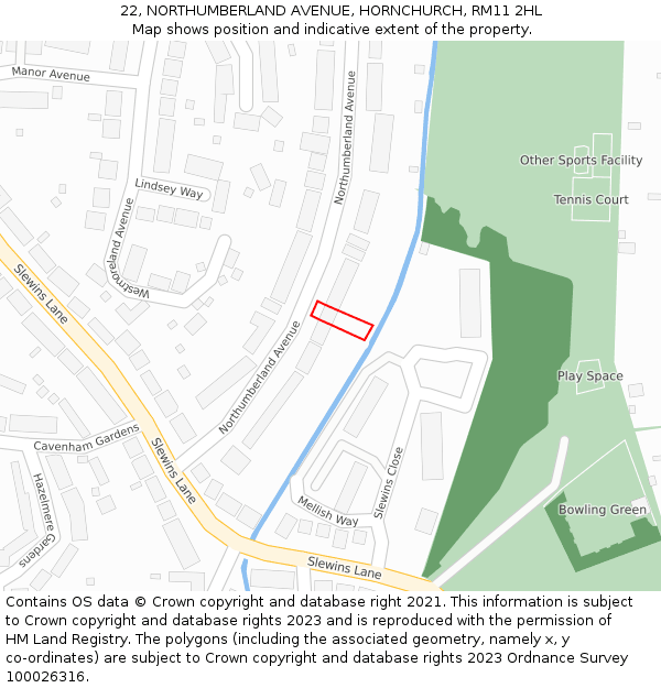 22, NORTHUMBERLAND AVENUE, HORNCHURCH, RM11 2HL: Location map and indicative extent of plot