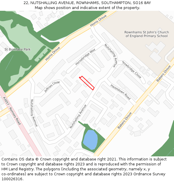 22, NUTSHALLING AVENUE, ROWNHAMS, SOUTHAMPTON, SO16 8AY: Location map and indicative extent of plot