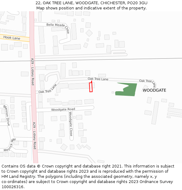 22, OAK TREE LANE, WOODGATE, CHICHESTER, PO20 3GU: Location map and indicative extent of plot