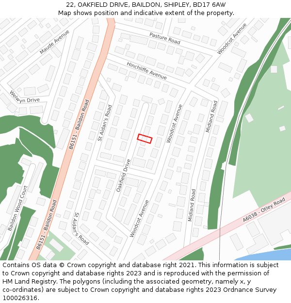 22, OAKFIELD DRIVE, BAILDON, SHIPLEY, BD17 6AW: Location map and indicative extent of plot