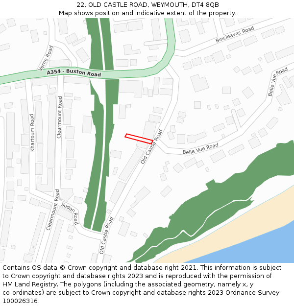 22, OLD CASTLE ROAD, WEYMOUTH, DT4 8QB: Location map and indicative extent of plot