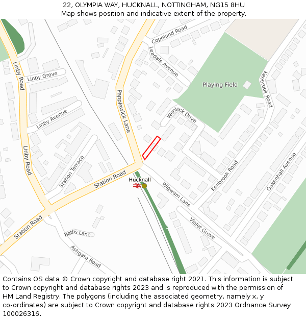 22, OLYMPIA WAY, HUCKNALL, NOTTINGHAM, NG15 8HU: Location map and indicative extent of plot