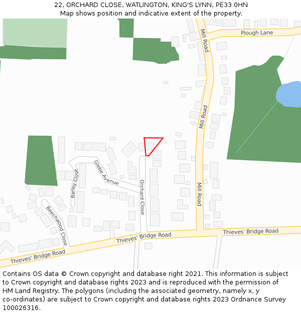 22, ORCHARD CLOSE, WATLINGTON, KING'S LYNN, PE33 0HN: Location map and indicative extent of plot