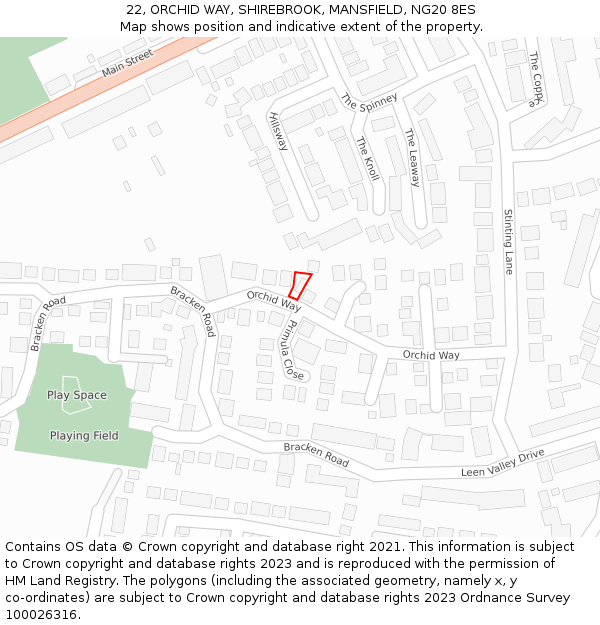22, ORCHID WAY, SHIREBROOK, MANSFIELD, NG20 8ES: Location map and indicative extent of plot