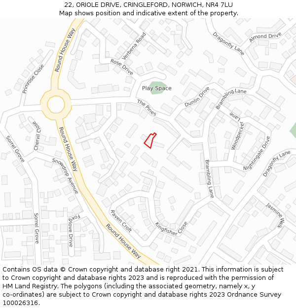 22, ORIOLE DRIVE, CRINGLEFORD, NORWICH, NR4 7LU: Location map and indicative extent of plot