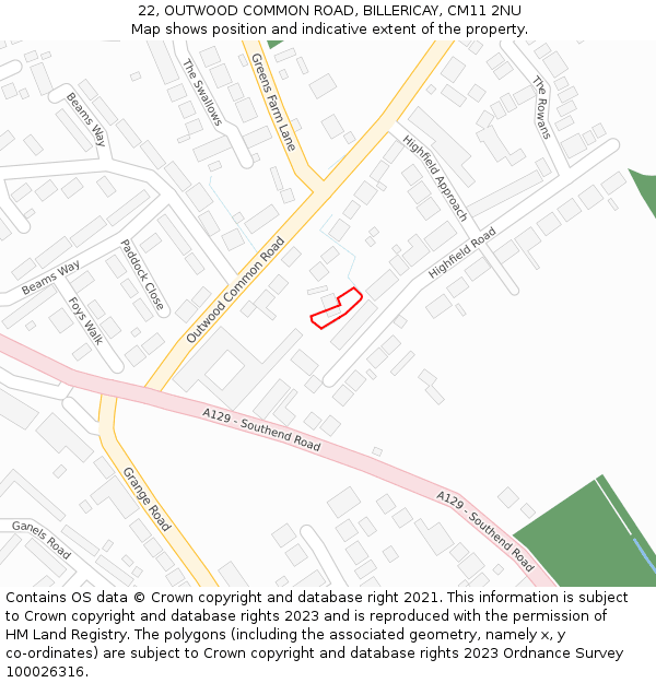 22, OUTWOOD COMMON ROAD, BILLERICAY, CM11 2NU: Location map and indicative extent of plot