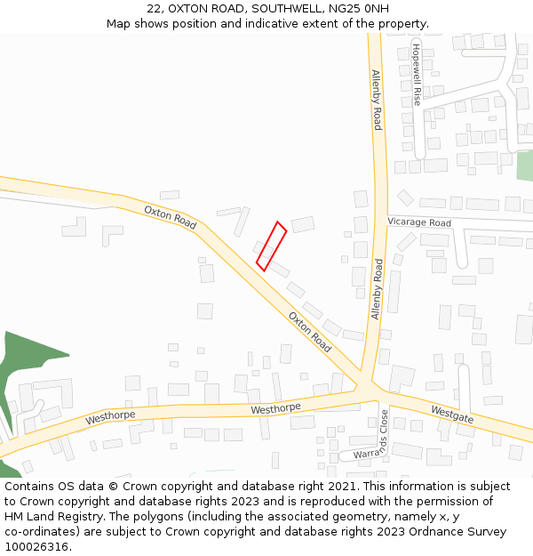 22, OXTON ROAD, SOUTHWELL, NG25 0NH: Location map and indicative extent of plot