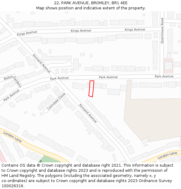 22, PARK AVENUE, BROMLEY, BR1 4EE: Location map and indicative extent of plot
