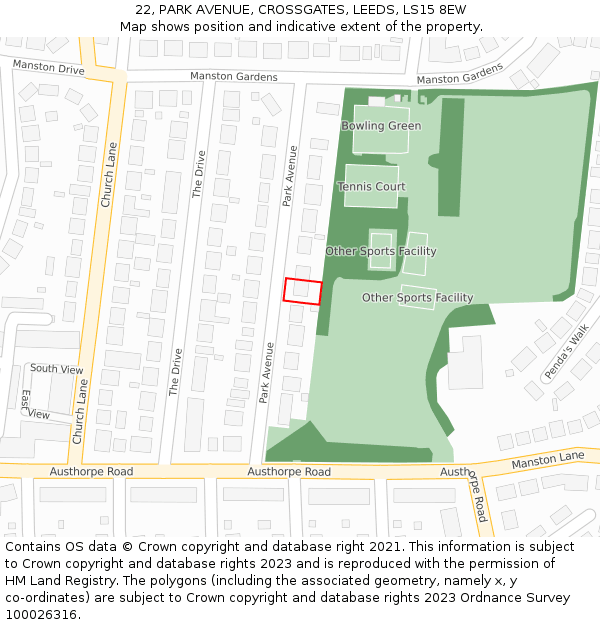 22, PARK AVENUE, CROSSGATES, LEEDS, LS15 8EW: Location map and indicative extent of plot
