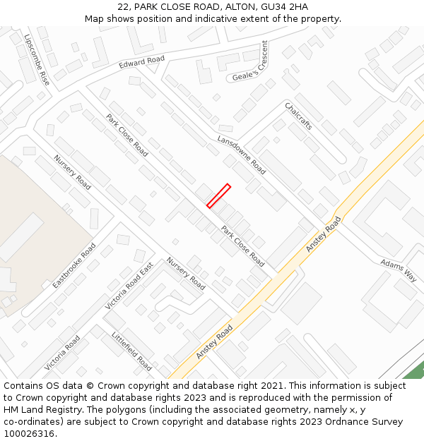 22, PARK CLOSE ROAD, ALTON, GU34 2HA: Location map and indicative extent of plot