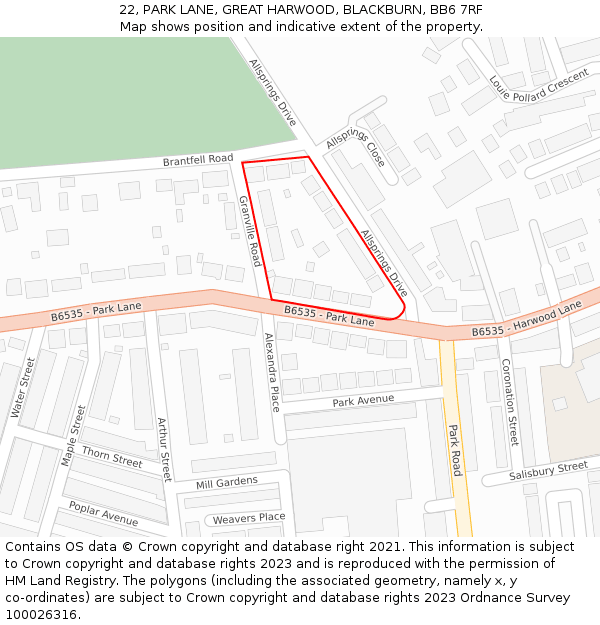 22, PARK LANE, GREAT HARWOOD, BLACKBURN, BB6 7RF: Location map and indicative extent of plot
