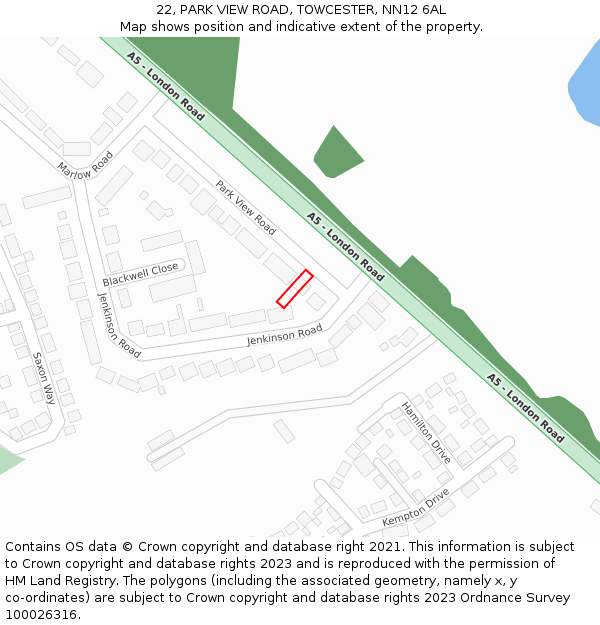 22, PARK VIEW ROAD, TOWCESTER, NN12 6AL: Location map and indicative extent of plot