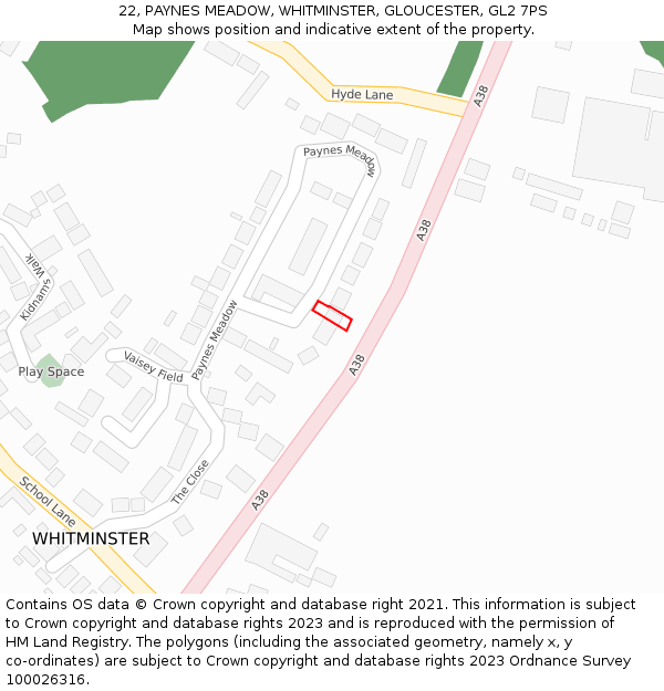 22, PAYNES MEADOW, WHITMINSTER, GLOUCESTER, GL2 7PS: Location map and indicative extent of plot