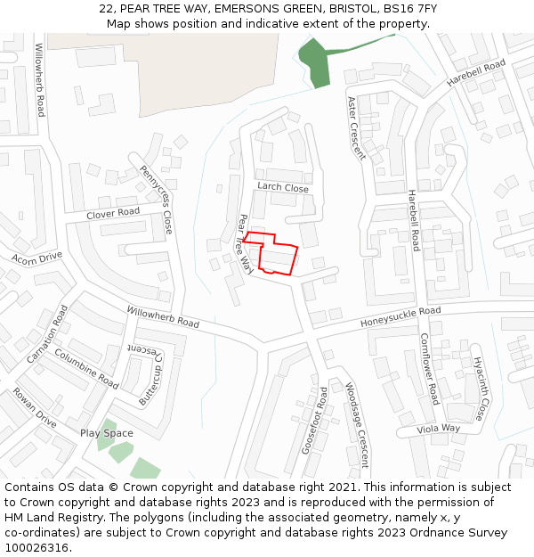 22, PEAR TREE WAY, EMERSONS GREEN, BRISTOL, BS16 7FY: Location map and indicative extent of plot