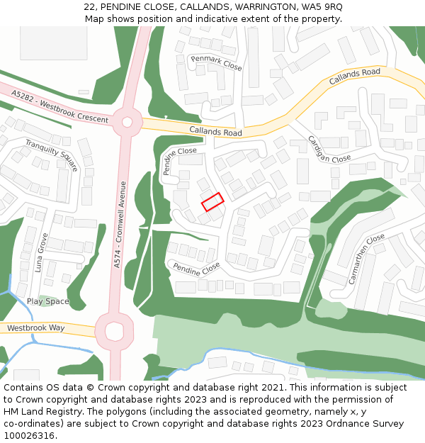 22, PENDINE CLOSE, CALLANDS, WARRINGTON, WA5 9RQ: Location map and indicative extent of plot