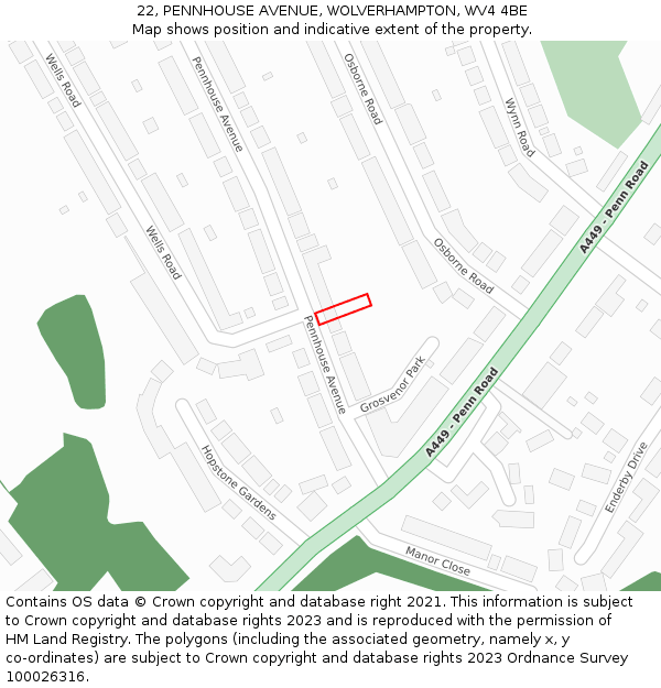 22, PENNHOUSE AVENUE, WOLVERHAMPTON, WV4 4BE: Location map and indicative extent of plot