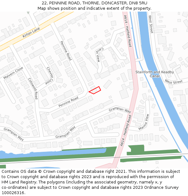22, PENNINE ROAD, THORNE, DONCASTER, DN8 5RU: Location map and indicative extent of plot