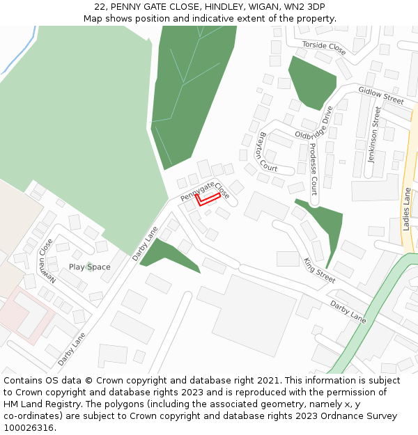 22, PENNY GATE CLOSE, HINDLEY, WIGAN, WN2 3DP: Location map and indicative extent of plot