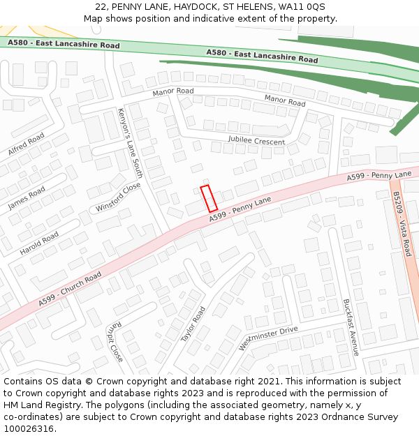22, PENNY LANE, HAYDOCK, ST HELENS, WA11 0QS: Location map and indicative extent of plot