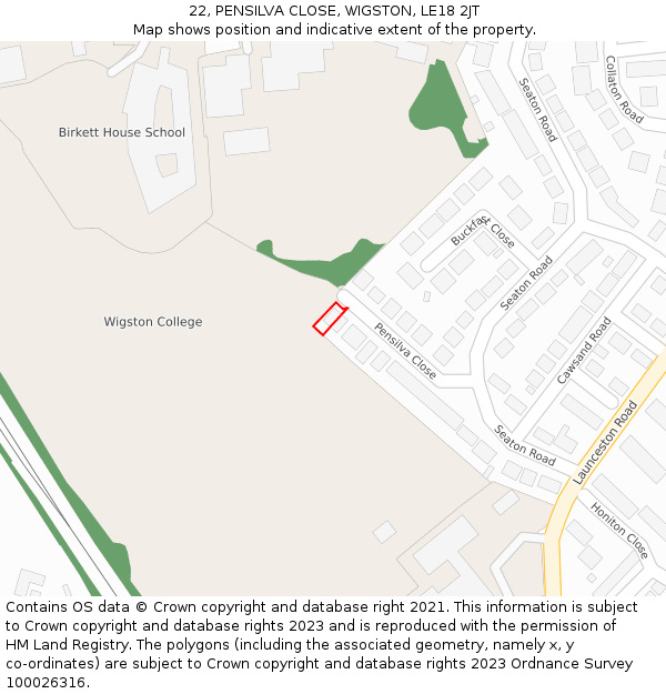 22, PENSILVA CLOSE, WIGSTON, LE18 2JT: Location map and indicative extent of plot