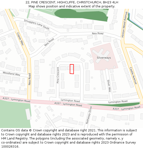 22, PINE CRESCENT, HIGHCLIFFE, CHRISTCHURCH, BH23 4LH: Location map and indicative extent of plot