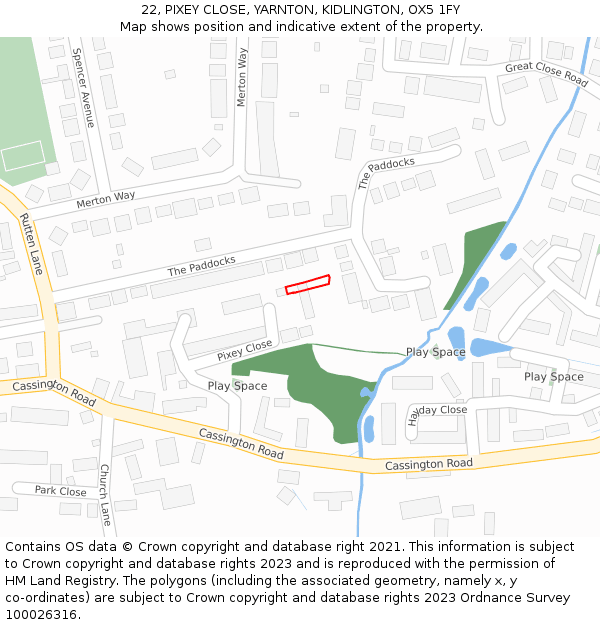 22, PIXEY CLOSE, YARNTON, KIDLINGTON, OX5 1FY: Location map and indicative extent of plot
