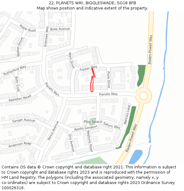 22, PLANETS WAY, BIGGLESWADE, SG18 8FB: Location map and indicative extent of plot