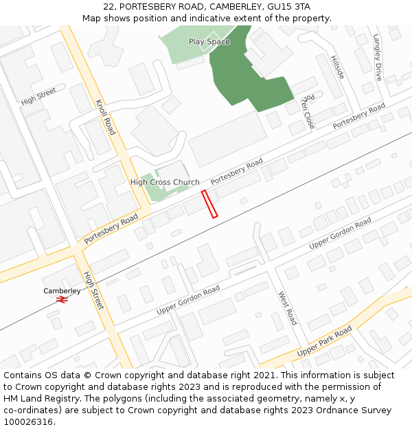 22, PORTESBERY ROAD, CAMBERLEY, GU15 3TA: Location map and indicative extent of plot