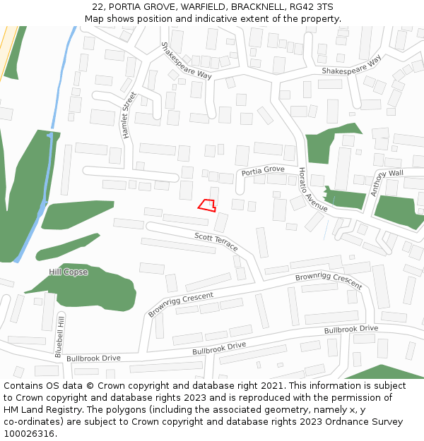 22, PORTIA GROVE, WARFIELD, BRACKNELL, RG42 3TS: Location map and indicative extent of plot