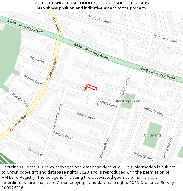 22, PORTLAND CLOSE, LINDLEY, HUDDERSFIELD, HD3 4BS: Location map and indicative extent of plot