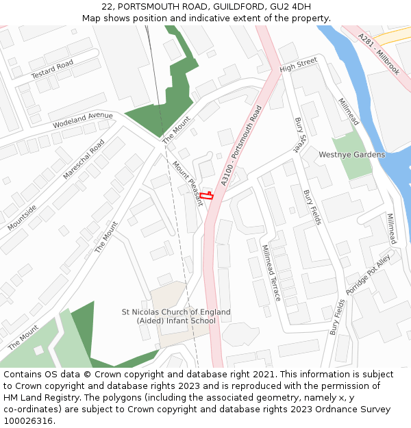 22, PORTSMOUTH ROAD, GUILDFORD, GU2 4DH: Location map and indicative extent of plot