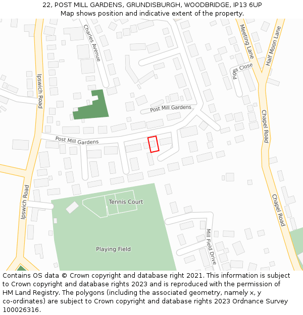 22, POST MILL GARDENS, GRUNDISBURGH, WOODBRIDGE, IP13 6UP: Location map and indicative extent of plot