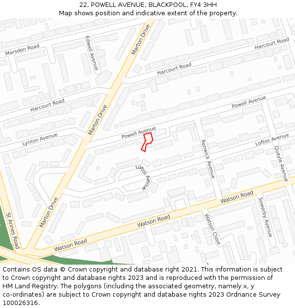 22, POWELL AVENUE, BLACKPOOL, FY4 3HH: Location map and indicative extent of plot