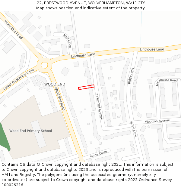 22, PRESTWOOD AVENUE, WOLVERHAMPTON, WV11 3TY: Location map and indicative extent of plot